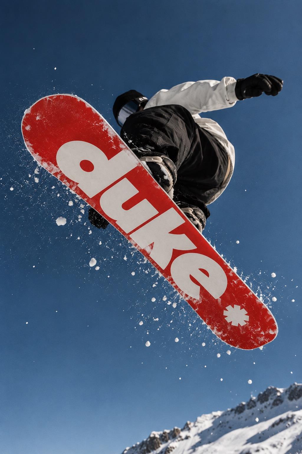 Snowboarder en el aire con una tabla roja con el logotipo de Duke