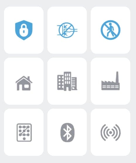 Iconografía de OHMIO: seguridad, antirrobo, hogar, edificios, industria, teclado, Bluetooth y conexión
