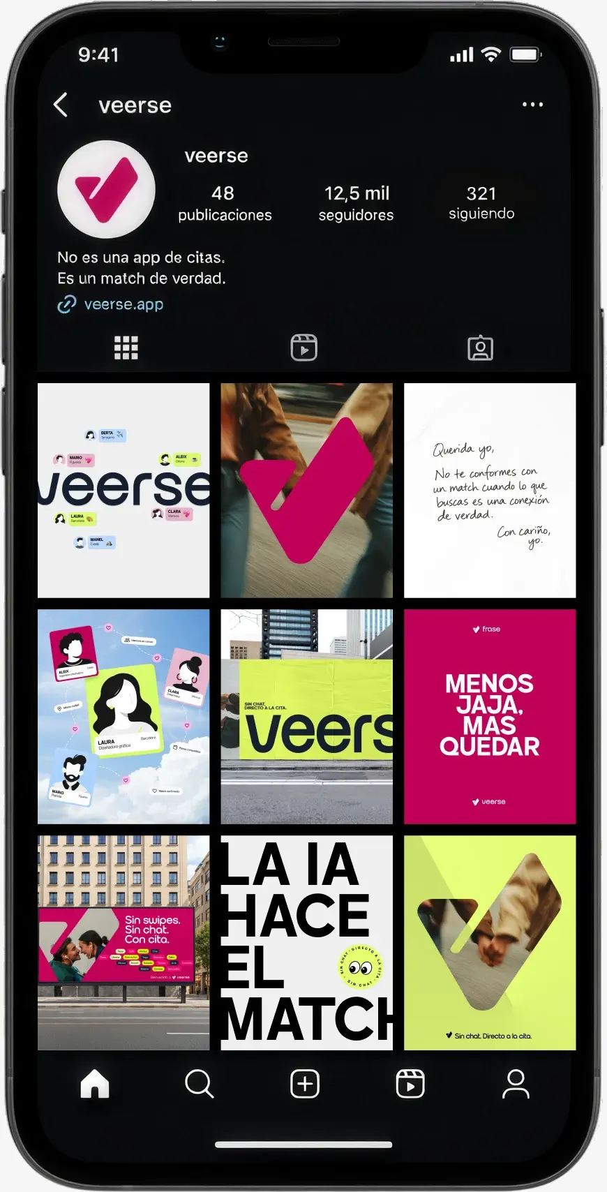 Perfil de Instagram de Veerse en un móvil: «No es una app de citas. Es un match de verdad.»