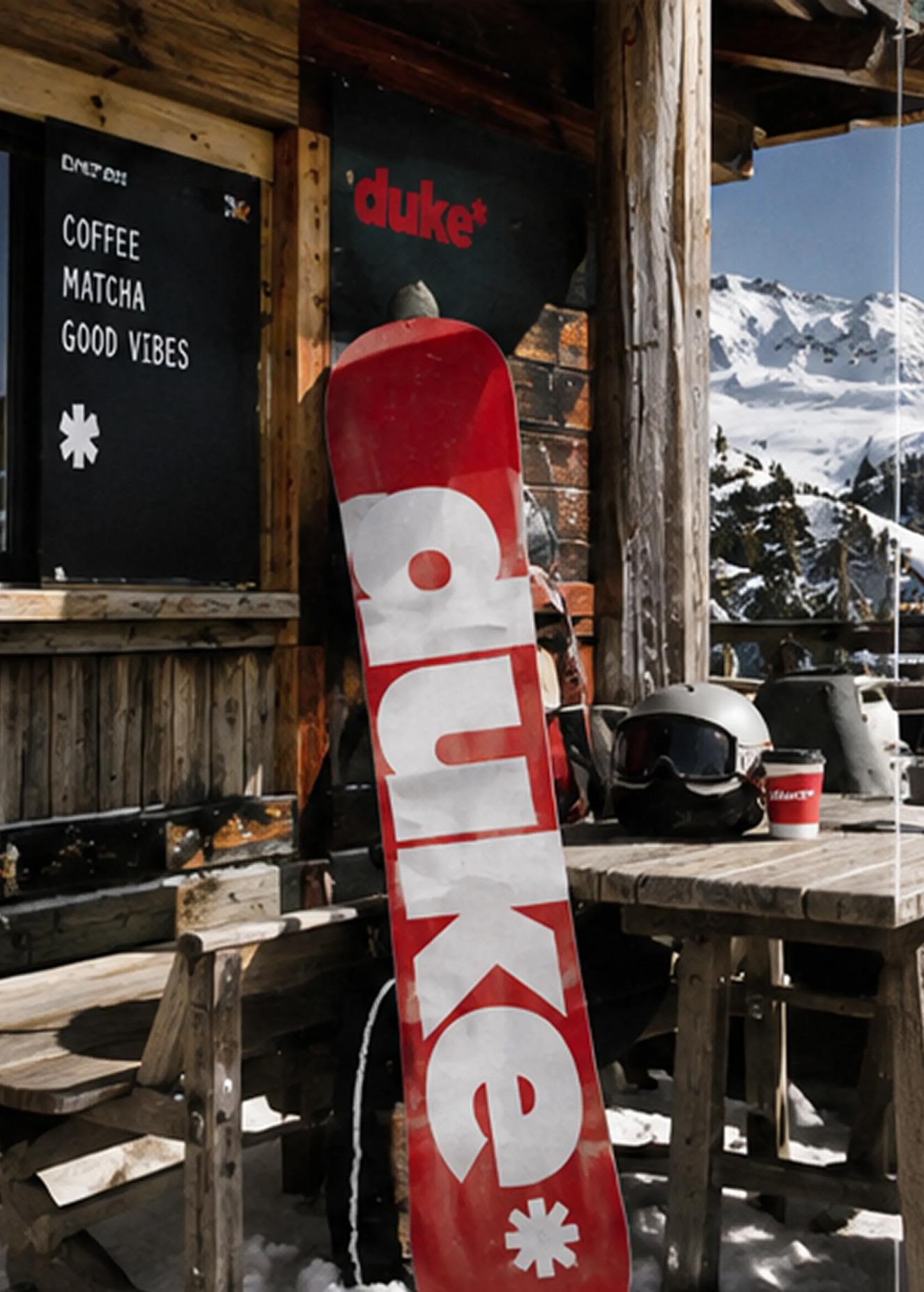 Tabla de Duke apoyada en la terraza de un refugio