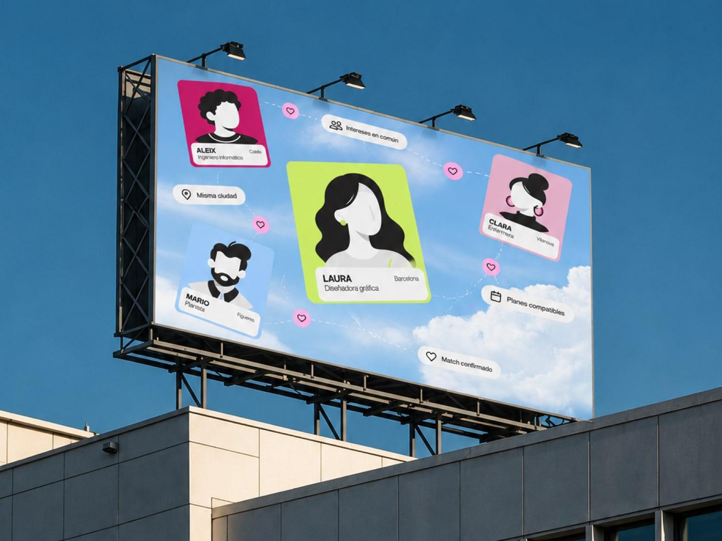 Valla publicitaria de Veerse sobre un edificio con perfiles conectados entre las nubes